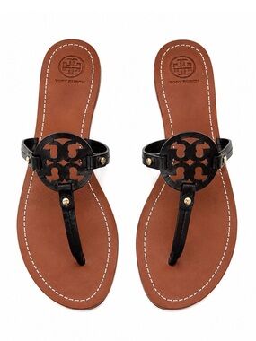 Tory Burch Black and Brown Miller Logo Thong Sandals